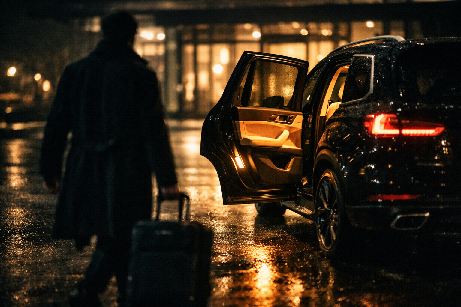 Luxury vehicle waiting at your door, warm interior light